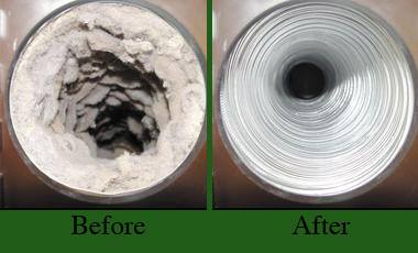 Before and after of Inside view of dryer vent with clogged vent on the left and cleared vent on the right