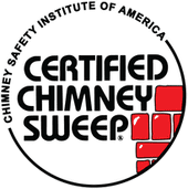 Circle logo that reads Chimney Safety Institute of America Certified Chimney Sweep in black letters with  drawing of red bricks in bottom right corner