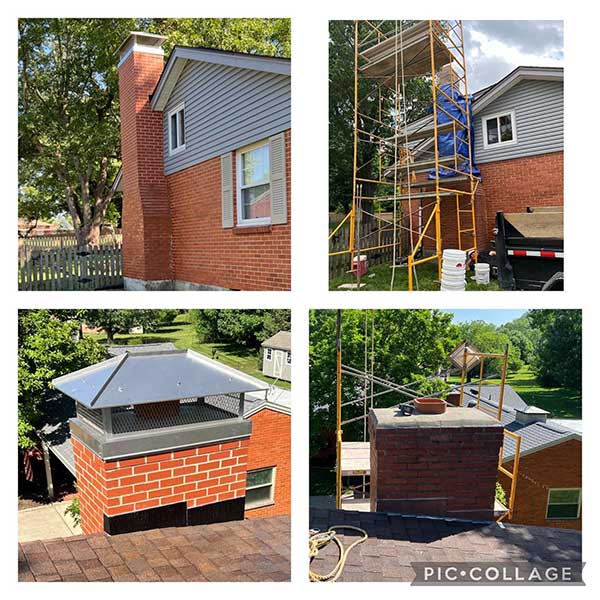 Chimney Rebuilds and Caps - Four pictures two have scaffolding set up - Maintenance Plan includes - flue liners, damper, chimney cap, chimney crown, etc.