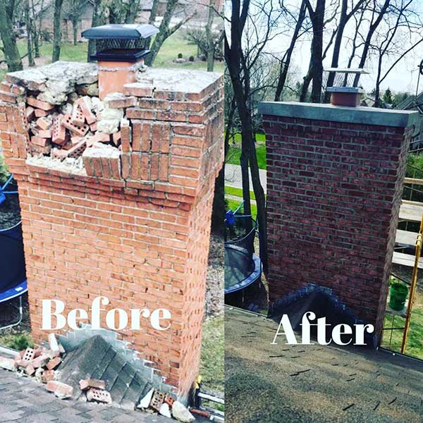 Chimney Repairs - Before and After - on the left the top of the chimney is collapsing - there are winter trees in the background - On the right is the completed project.