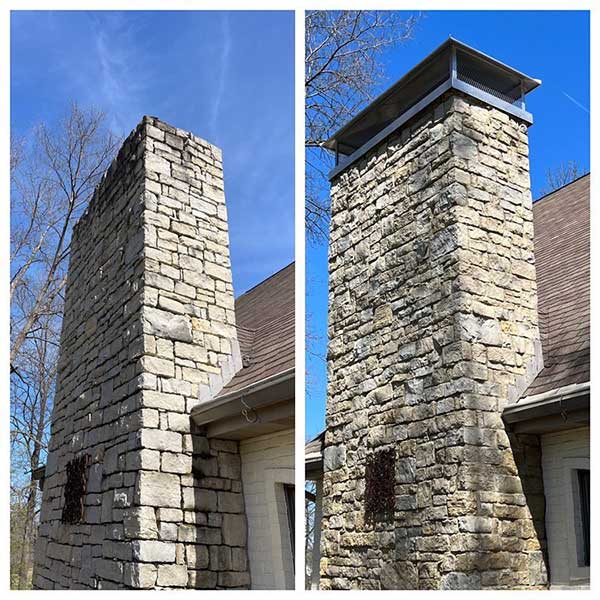 Original photo of chimney cap installation - Before and After - the fireplace is very tall and is made of cut stone - blue skies in the pictures at the very beginning of spring - trees in the background.