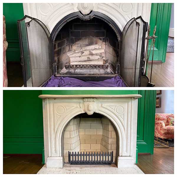 Fireplace Restoration - Before (top) After (bottom) - old gas logs in the elaborate surround of the firebox (top) and new firebricks in the firebox for real wood burning (bottom).